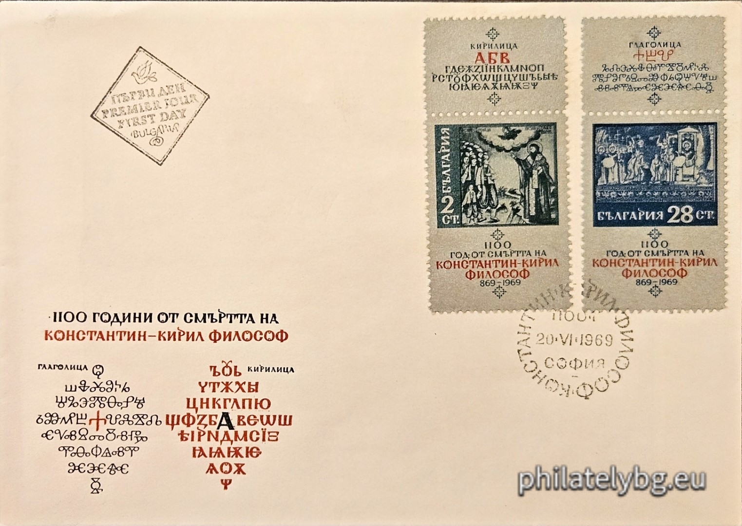 20.06.1969 - „ 1100 г. от смъртта на Константин - Кирил Философ 869 г. “ - две пощенски марки с винетки.