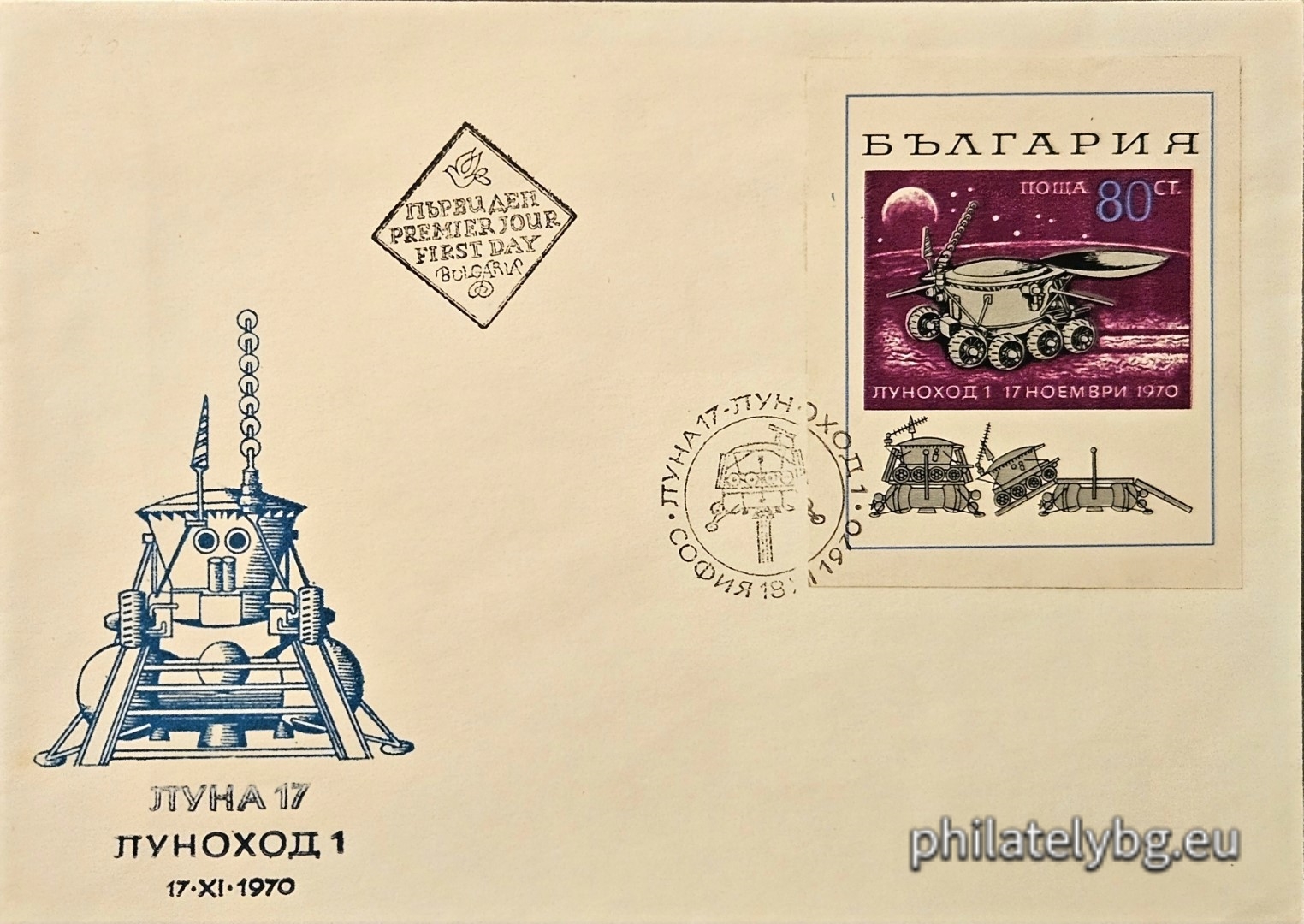 18.12.1970 - „ Самоходен космически апарат “ Луноход 1 ”. “ - блок с една пощенска марка. Размери 60х73 мм.