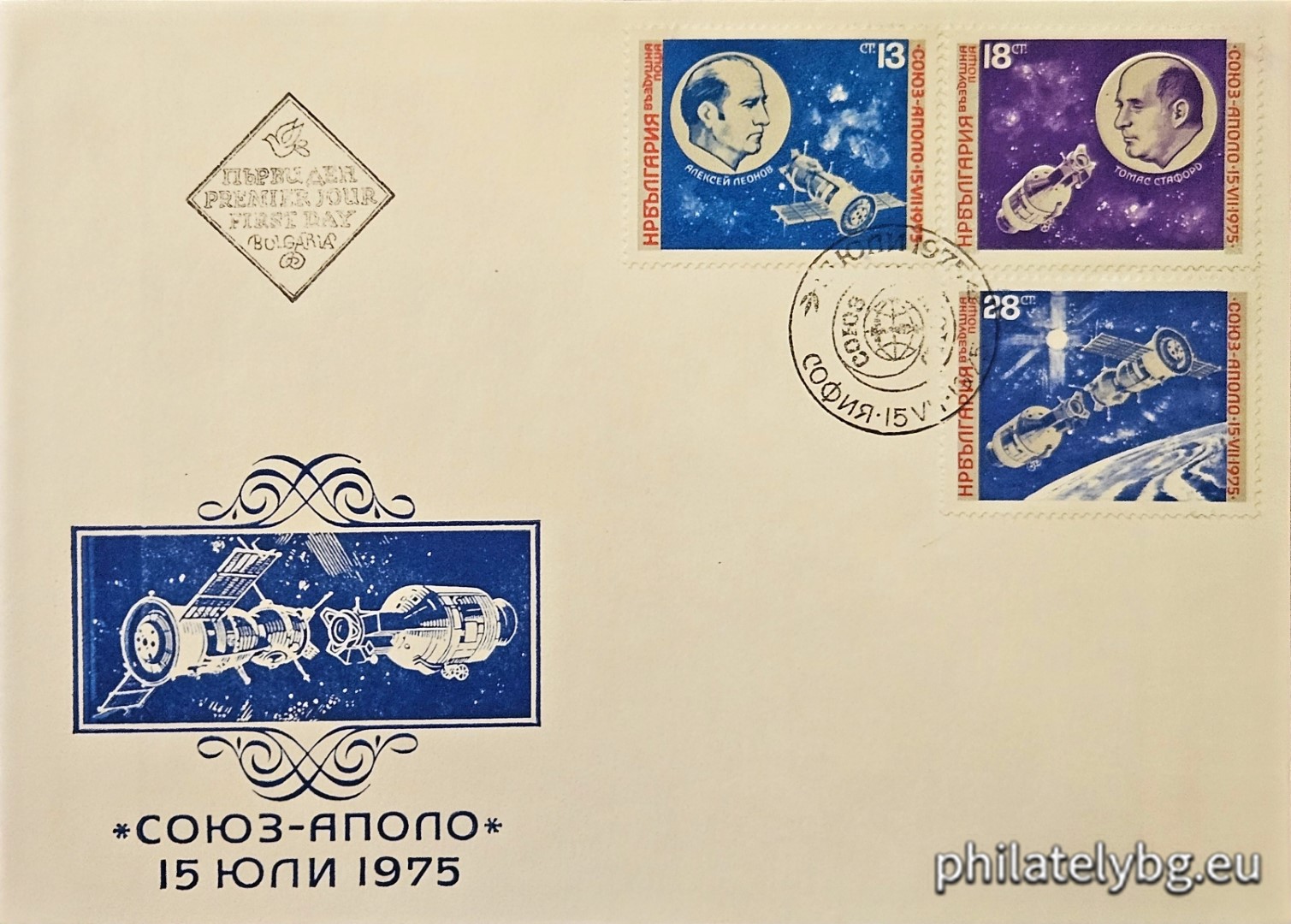 15.07.1975 - „ Въздушна поща . Съвместен космически полет “ Союз - Аполо ”. “ - три пощенски марки.