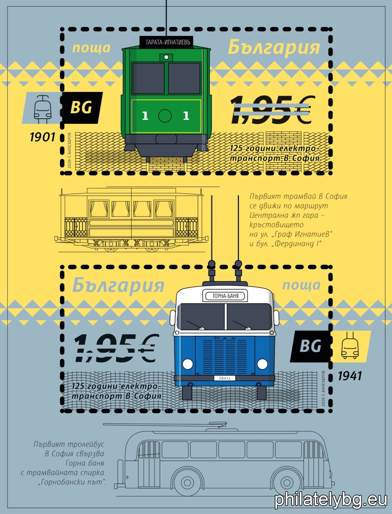„ 125 години електротранспорт в София “ – две пощенски марки в блок и специален пощенски печат.