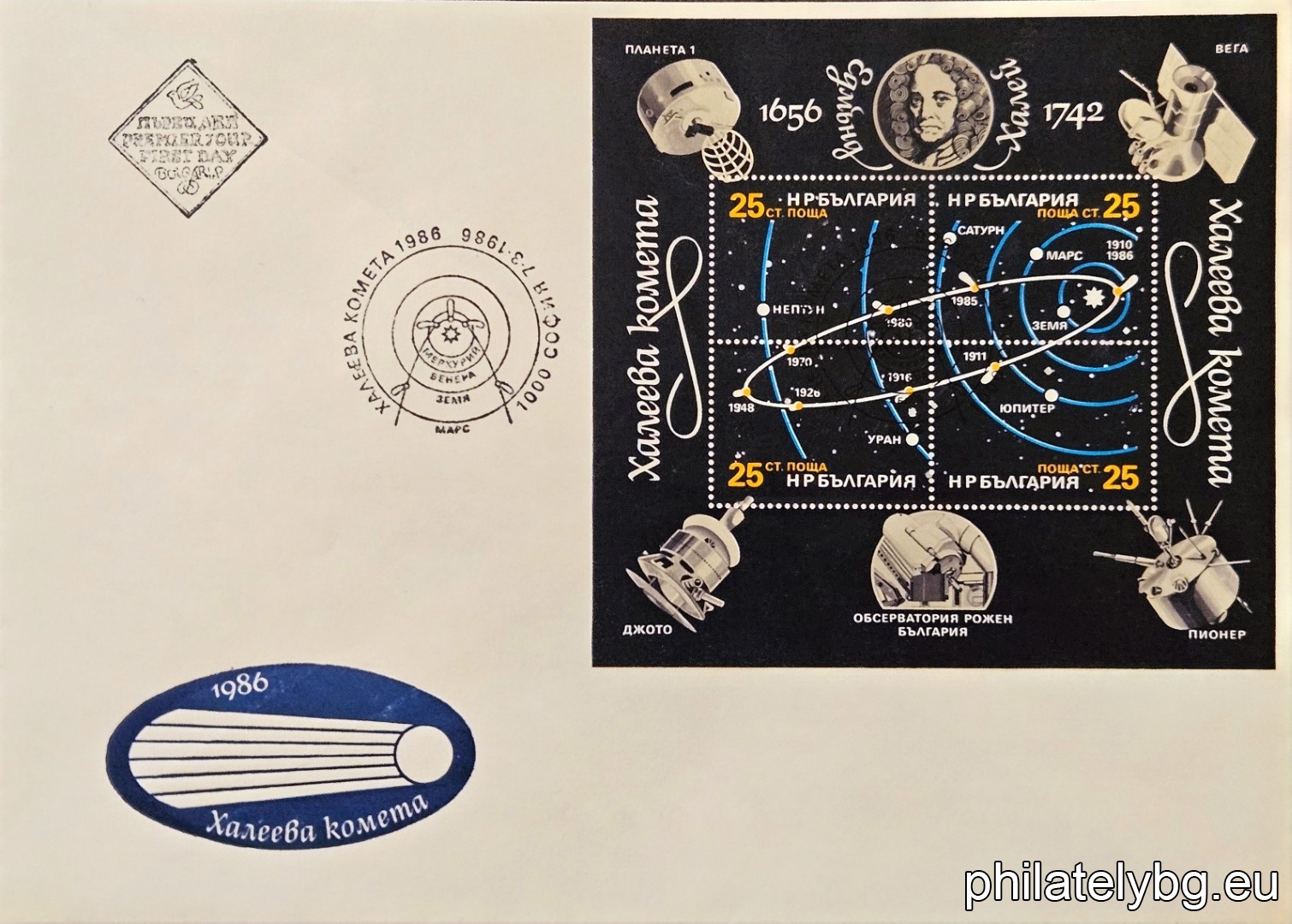 Halleys Comet (official name 1P/Halley) is the most famous periodic comet, which orbits the Sun every 76 years. Diagram of the Solar System and the comets path in 1910-1986; the space satellites "Planet 1", "Vega", "Giotto" and "Pioneer", a portrait of Edmond Halley and the telescope at the Rozhen Observatory.
