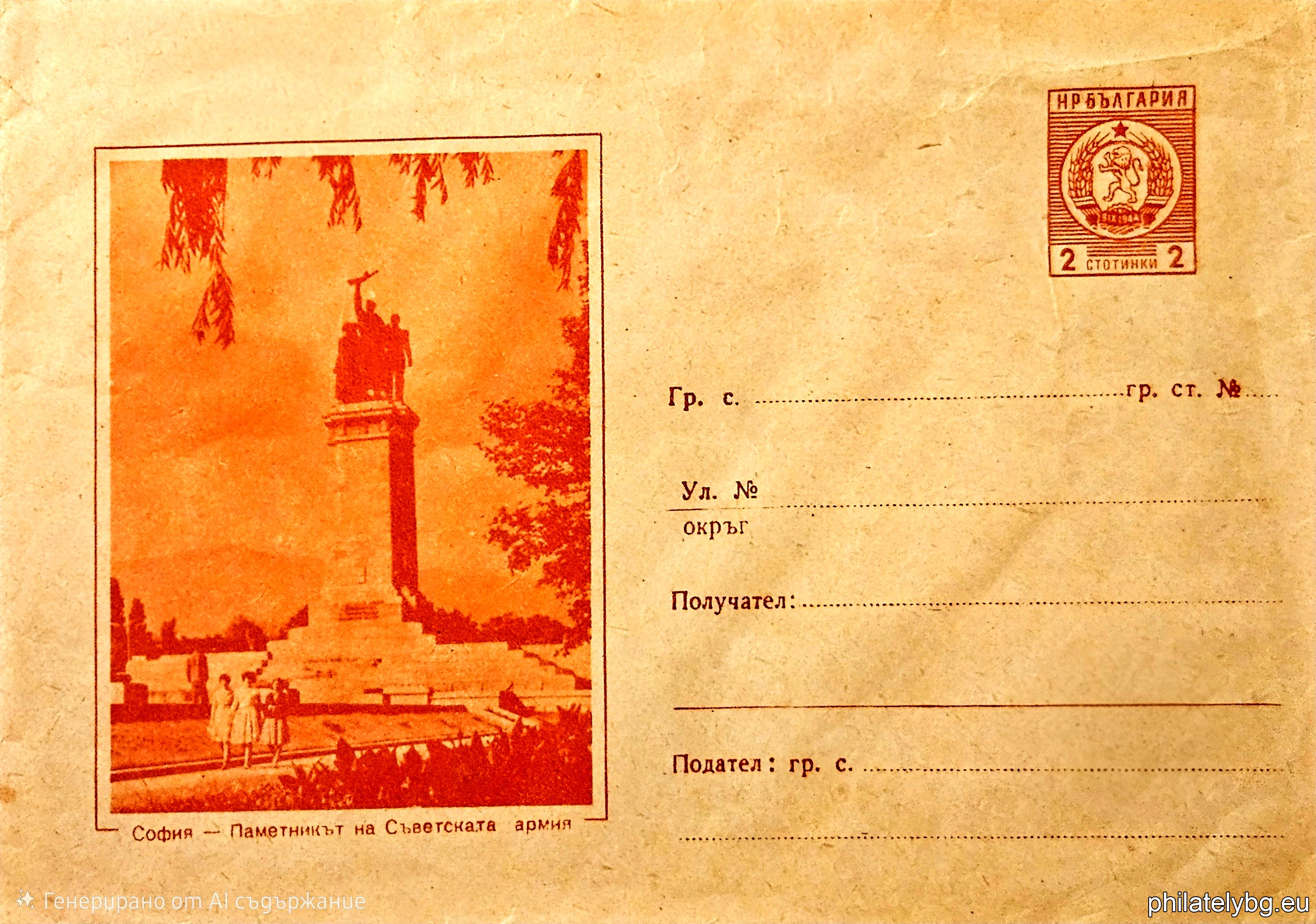 „ Изгледи - София - Паметникът на Съветската армия “ -  пощенски плик със стандартен знак за цена на пощенската услуга.
